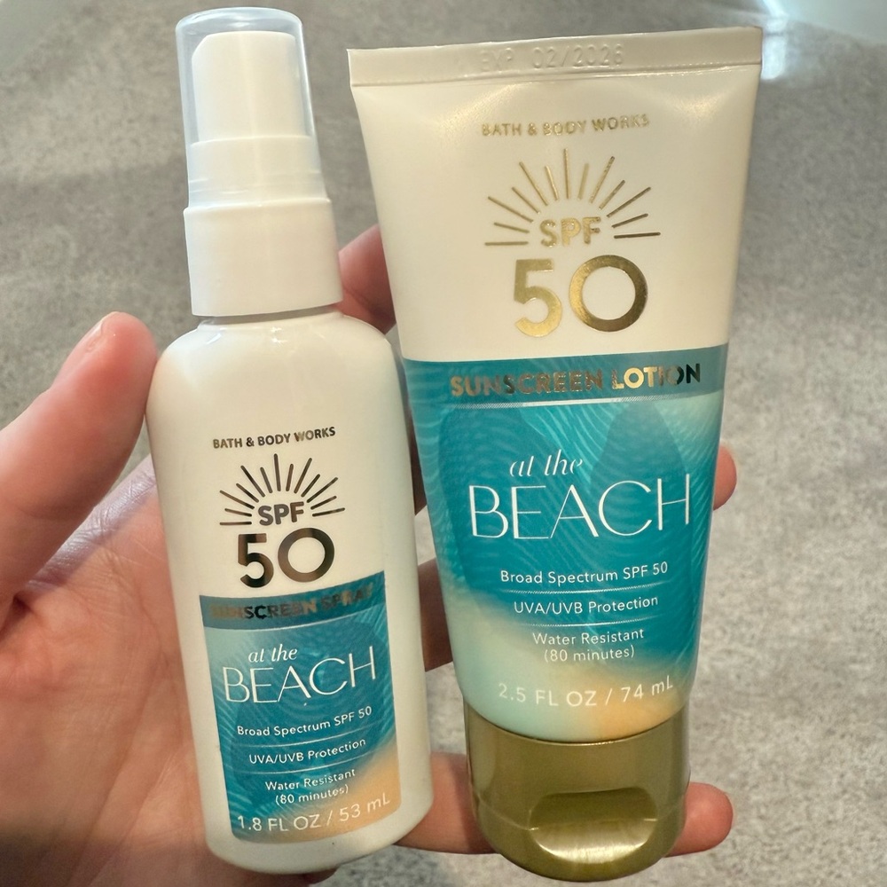 New unopened: Bath & Body Works SPF 50 “At The Beach” Travel Size Lotion & Spray